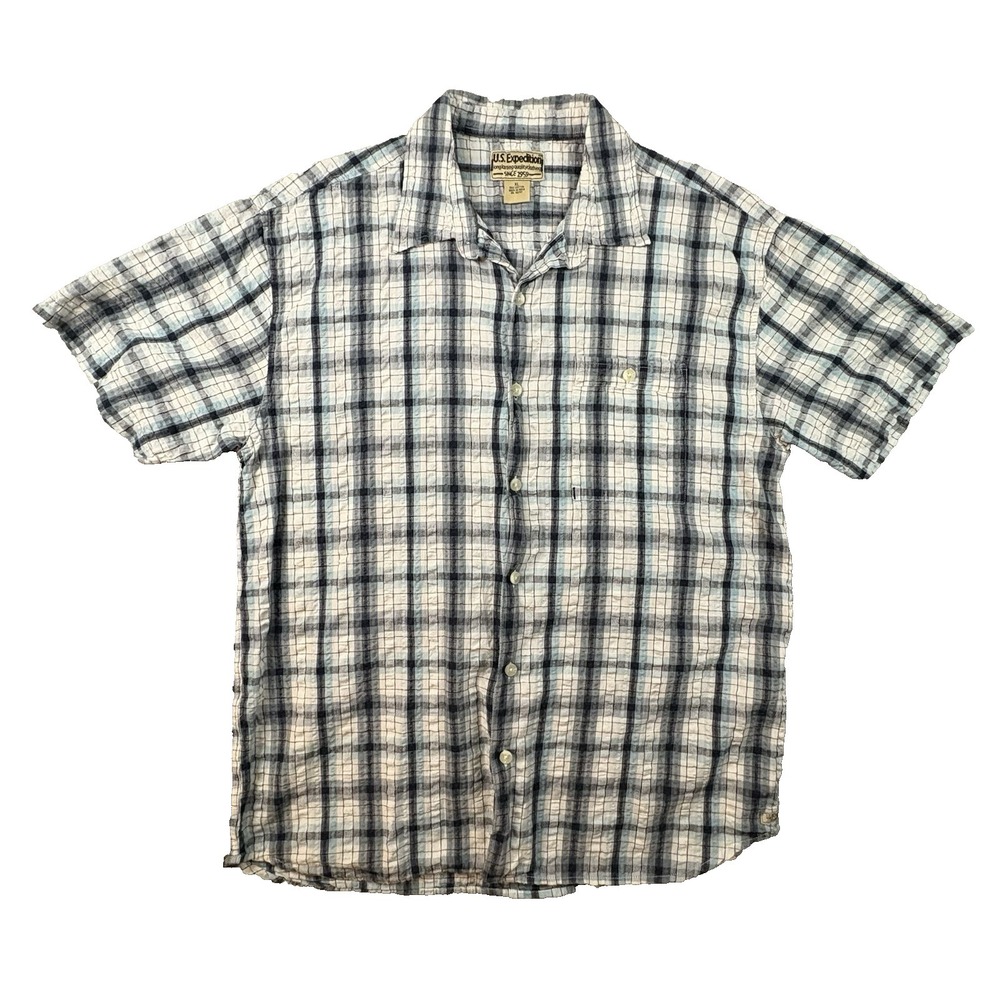 U.S. Expedition Men's XL Blue White Plaid SS Button Up Shirt SEE DESCRIPTION